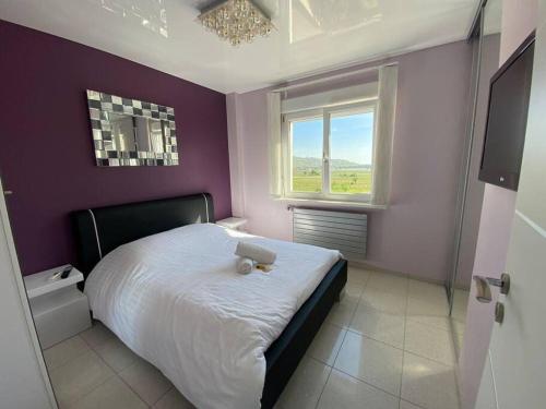 a bedroom with a white bed with a purple wall at Chez Florence Ammerschwihr in Ammerschwihr