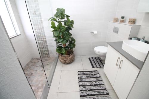 een badkamer met een douche, een toilet en een plant bij Laguna La Crete 13 in Uvongo Beach