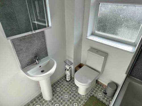 a small bathroom with a toilet and a sink at House near Swansea & Brecons! in Aberdulais
