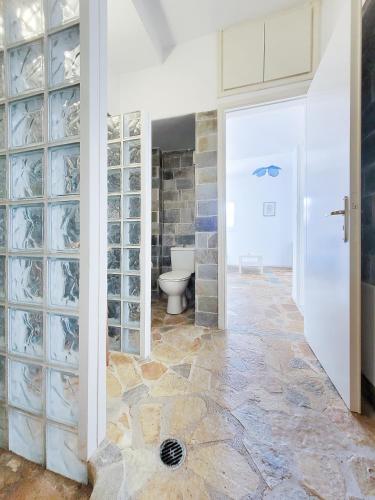 a bathroom with a toilet and a wall with glass doors at SempreViva Sea Houses in Dhiakofti