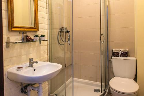 a bathroom with a toilet and a sink and a shower at Centrum Turystyki Niekonwencjonalnej in Srebrna Góra