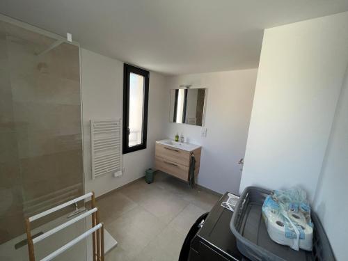 a room with a bathroom with a sink and a mirror at Appartement climatisé neuf au calme, proche centre-ville, 4 minutes en voiture plage et commerces in Calvi