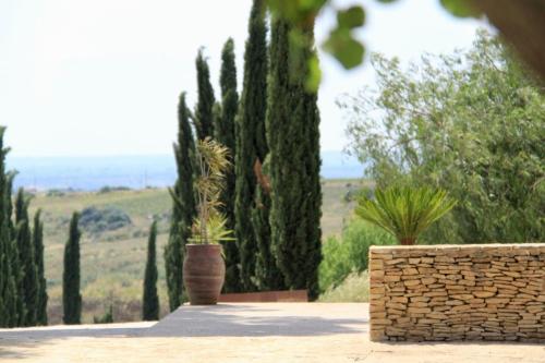 a group of trees and a stone wall with two potted plants at Masseria del Carboj in Menfi