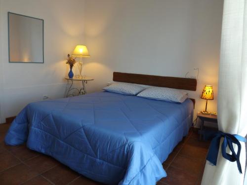 スティンティーノにあるB&B Il Gatto Pescatoreのベッドルーム1室(青いベッド1台、ランプ2つ付)