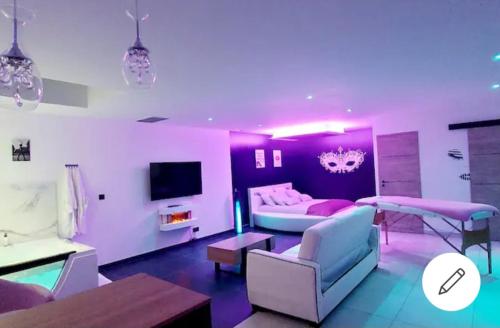 a living room with a couch and a bed and a tv at L'OLYMPE DES SENS in Portiragnes