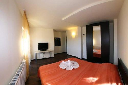 1 dormitorio con 1 cama grande de color naranja en una habitación en Casa Teodora Rânca, en Ranca