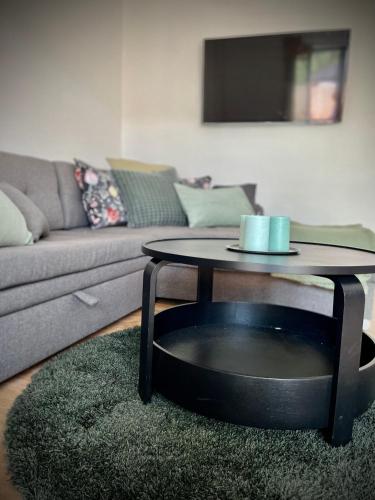 a living room with a coffee table and a couch at Chaty Čapák in Velké Losiny