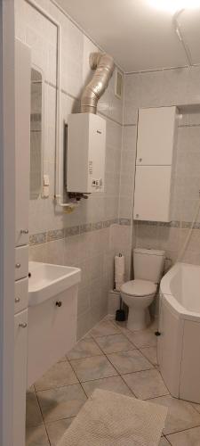 Baño blanco con aseo y lavamanos en Apartament Grobla III, en Gdansk