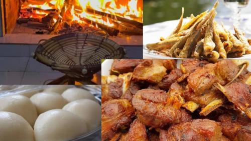 a collage of pictures of food and a fire at Room in Villa - Bar Restaurant Guesthouse in Bukavu