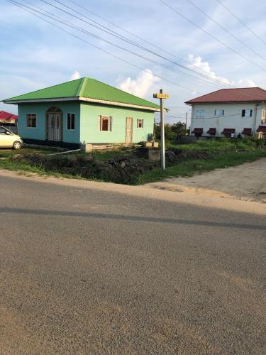 a small house with a green roof next to a street at Logerthine Josy Suriname in Paramaribo