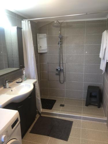 a bathroom with a shower and a sink at Skapani's House in Mésa Lasithákion