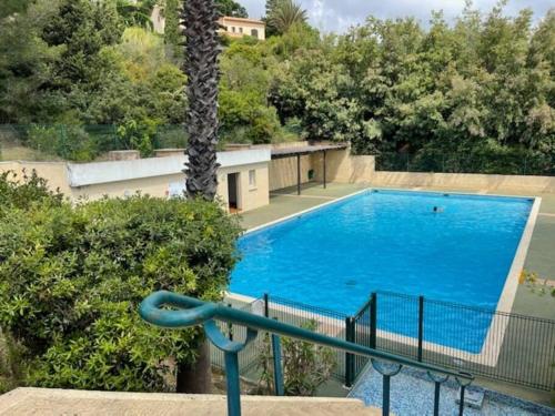 une grande piscine bleue à côté d'un palmier dans l'établissement Vue Mer exceptionnelle au Grand Duc - Calme - Clim - garage, à Mandelieu-la-Napoule