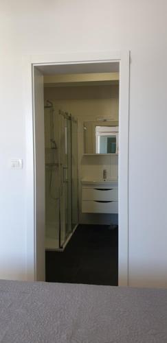 een badkamer met een douche en een wastafel bij Sea View Apartments Zaboric in Zaboric