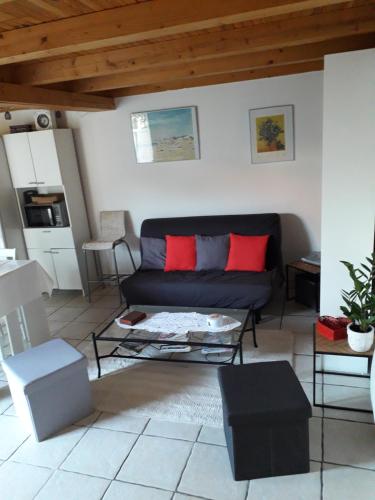 uma sala de estar com um sofá preto e almofadas vermelhas em La P'tite Maison em Lisle