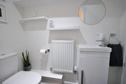 ein weißes Bad mit einem WC und einem Spiegel in der Unterkunft The Wendy House-seafront cottage incredible views in Anstruther