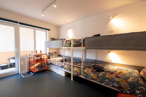 - une chambre avec 2 lits superposés et une fenêtre dans l'établissement Spacious family flat near the beach (6-8 pers), à Coxyde