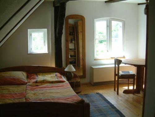 a living room with a bed and a table and windows at Südzimmer 1 SO in Lärz