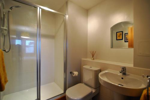 a bathroom with a shower and a toilet and a sink at Jessies Selkie- homely apartment in East Neuk in Anstruther