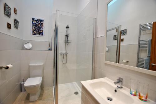 a bathroom with a shower and a toilet and a sink at Academy Apartment Anstruther- stunning luxury home in Anstruther