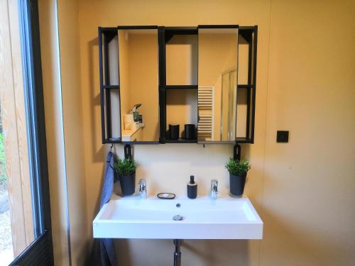 a bathroom with a white sink and a mirror at Chata Budka - parties not allowed in Hradištko
