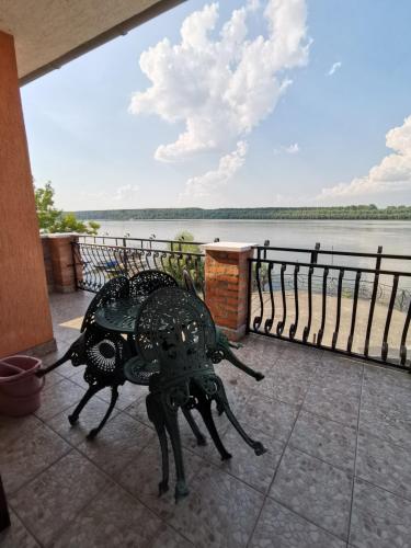 a statue of a bug on a balcony with a view of the water at Vila Soleil in Smederevo