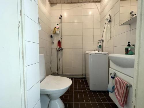 a small bathroom with a toilet and a sink at Studio The Vibe / 25min to airpt & 5min to center in Helsinki