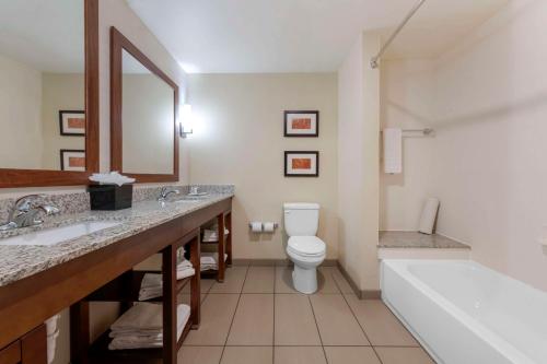 Un baño con lavabo, inodoro y bañera. en Comfort Suites & Conference Center, en Worthington