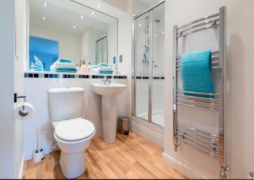 a bathroom with a toilet and a shower and a sink at Coastal Haven- stunning home in Crail in Crail