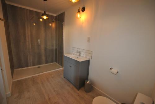 a bathroom with a shower and a sink and a toilet at Mariners Retreat- spacious apartment in Crail in Crail