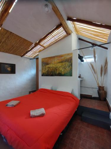 a bedroom with a red bed with a painting on the wall at Dormir con llamas in Maimará