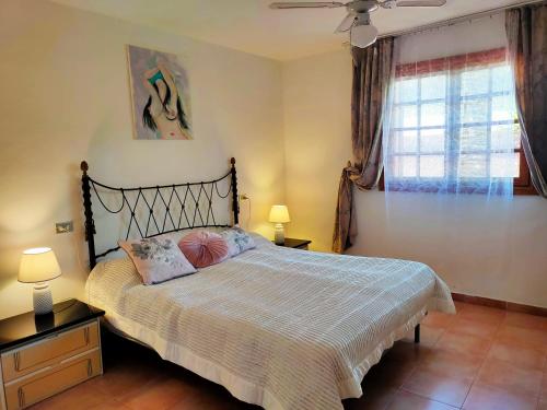 ein Schlafzimmer mit einem Bett, zwei Lampen und einem Fenster in der Unterkunft Villa Sabina in San Miguel de Abona