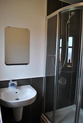 a bathroom with a sink and a shower and a mirror at Faolin- superb detached family villa East Neuk in Anstruther