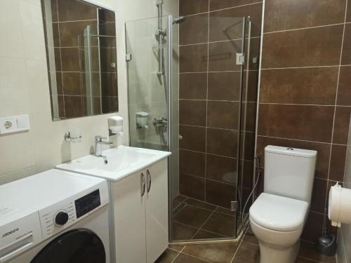 uma casa de banho com um lavatório e um chuveiro. em Cozy Studio Swimming Pool And Jacuzzi em Batumi