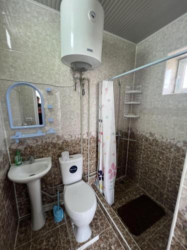 a bathroom with a toilet and a shower and a sink at Guest House Baytur in Kochkor