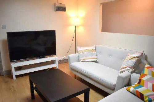 a living room with a couch and a flat screen tv at Birmingham City Centre Apartment room near China Town in Birmingham