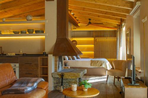 a living room with a couch and a stove at Masia Santa Llúcia in Rupit