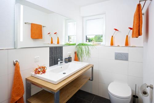 een witte badkamer met een wastafel en een toilet bij 5 Sterne FeWo Allgäuer Alm mit Schwimmbad und Sauna in Oberstaufen