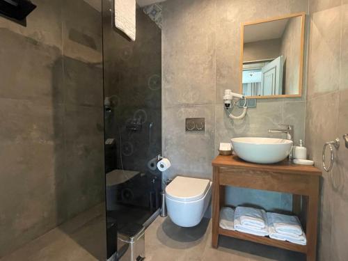 a bathroom with a sink and a shower at Villa Oliva Butik Hotel in Bodrum City