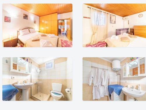 3 fotos de un baño y un dormitorio en Spiros Corfu Apartment, en Kanálion