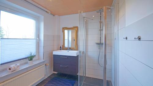 a bathroom with a sink and a shower at Ferienwohnung-Bruchalla in Parchtitz