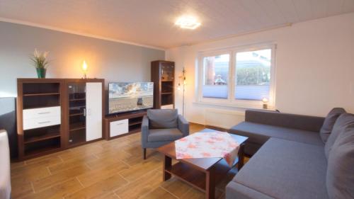 ein Wohnzimmer mit einem Sofa und einem TV in der Unterkunft Ferienwohnung Bruchalla in Parchtitz