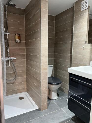une salle de bain avec toilettes et lavabo dans l'établissement Suite à la Villa Cattus, à Bram