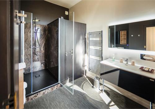 W łazience znajduje się prysznic i umywalka. w obiekcie Château d'Ygrande - Teritoria w mieście Ygrande