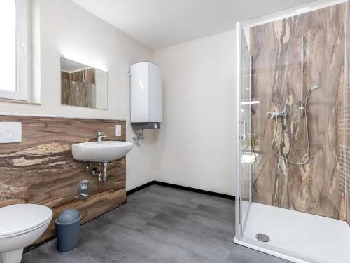 een badkamer met een douche, een toilet en een wastafel bij Tasteful bungalow in Hallschlag with terrace in Hallschlag