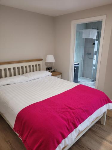 a bedroom with a large bed with a red blanket on it at O'Connors Bar Restaurant and Guesthouse in Dromore
