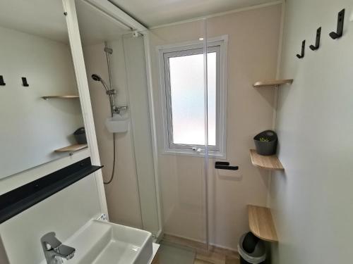 une salle de bain avec une douche et un lavabo et une fenêtre dans l'établissement La Passionnatta Piscines chauffees, à Saint-Hilaire-de-Talmont
