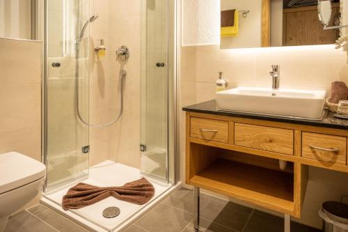 a bathroom with a shower and a sink and a toilet at Menschels Vitalresort in Meddersheim