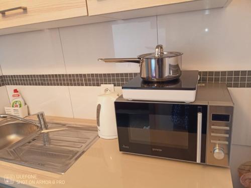 a pot on top of a microwave in a kitchen at Abelia Pool View Studio in Pula