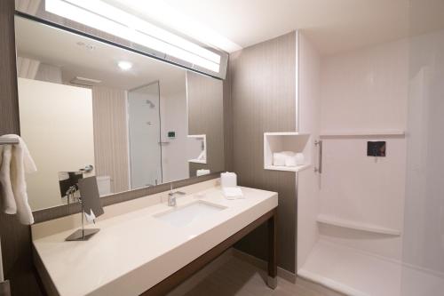 a bathroom with a sink and a large mirror at Courtyard by Marriott Cartersville in Cartersville