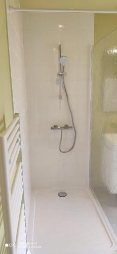 La salle de bains est pourvue d'une douche dans un mur blanc. dans l'établissement maison de charme avec jardin, à Cousance